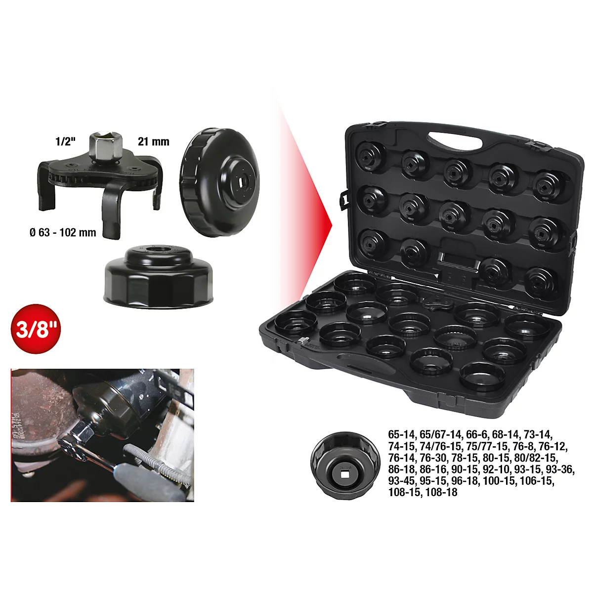 Verschiedene schwarze Ölabzieher und ein Werkzeugkoffer mit verschiedenen Größen. Im Bild sind auch Beschriftungen wie "3/8"", "1/2"" und Größenangaben zu sehen.